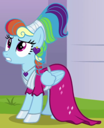 Size: 388x479 | Tagged: safe, screencap, rainbow dash, pegasus, pony, g4, sparkle's seven, alternate hairstyle, clothes, cropped, cute, dashabetes, dress, ear piercing, earring, female, jewelry, mare, megaradash, piercing, solo