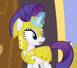 Size: 563x503 | Tagged: safe, screencap, rarity, pony, unicorn, g4, sparkle's seven, armor, armorarity, cropped, cute, female, glowing horn, horn, mare, open mouth, raribetes, solo