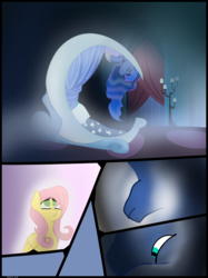 Size: 2197x2930 | Tagged: safe, artist:alltheworldbronyf, fluttershy, princess luna, pony, g4, aurora borealis, aurora borealis in hair, comic, duo, female, green eyes, high res, history, lightning, luna's room, shadow, sleeping, talking, wings