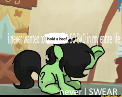 Size: 497x398 | Tagged: safe, artist:plunger, oc, oc only, oc:filly anon, earth pony, pony, caption, female, filly, head down, image macro, question mark, raised hoof, sitting, text, watermark