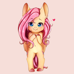 Size: 2200x2200 | Tagged: safe, artist:miokomata, fluttershy, pegasus, pony, g4, bipedal, both cutie marks, colored pupils, cute, ear fluff, eye clipping through hair, female, freckles, heart, high res, pink background, shyabetes, simple background, smiling, solo