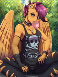 Size: 1800x2400 | Tagged: safe, artist:evomanaphy, scootaloo, pegasus, anthro, g4, adult, badass, bracelet, breasts, bubblegum, busty scootaloo, choker, cleavage, clothes, cutie mark necklace, ear piercing, eyeliner, eyeshadow, female, fingerless gloves, fishnet stockings, food, gloves, gum, implied rainbow dash, jeans, jewelry, lidded eyes, lip piercing, makeup, nail polish, necklace, older, older scootaloo, open mouth, pants, piercing, punk, scootapunk, solo, spiked choker, tank top, tomboy, torn clothes