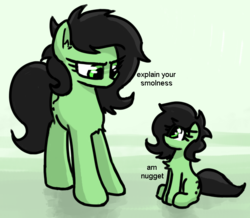 Size: 642x561 | Tagged: safe, artist:plunger, oc, oc only, oc:filly anon, earth pony, pony, am nugget, chest fluff, clone, cute, duo, ear fluff, explain your smolness, eye contact, female, filly, glare, green background, looking at each other, looking down, looking up, ocbetes, ponified animal photo, question mark, self ponidox, simple background, sitting, size difference, small pony, smol, text