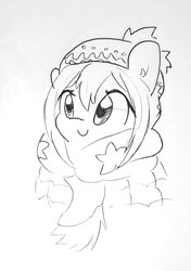 Size: 1104x1564 | Tagged: safe, artist:tjpones, earth pony, pony, clothes, cute, ear fluff, female, grayscale, hat, lineart, mare, monochrome, nadeshiko kagamihara, ponified, scarf, simple background, smiling, solo, traditional art, warm, weapons-grade cute, winter outfit, yuru camp