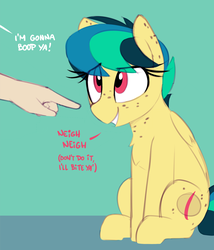 Size: 1286x1505 | Tagged: safe, artist:shinodage, oc, oc only, oc:apogee, human, pegasus, pony, boop, chest fluff, cute, diageetes, dialogue, disembodied hand, eye clipping through hair, eyelashes, female, filly, freckles, hand, horse noises, imminent bite, imminent boop, language barrier, neigh, ocbetes, offscreen character, offscreen human, pointing, simple background, smiling, this will end in pain