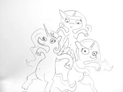 Size: 1920x1440 | Tagged: safe, artist:tjpones, princess cadance, princess celestia, princess luna, alicorn, pony, g4, alicorn triarchy, belly button, bipedal, female, grayscale, hoof shoes, lineart, mare, monochrome, royal sisters, simple background, traditional art, trio