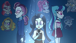 Size: 1280x720 | Tagged: safe, artist:carouselunique, adagio dazzle, principal abacus cinch, sonata dusk, oc, oc:dolly dusk, oc:melody charm, oc:silent hill, oc:throw away, oc:victory belle, comic:aria's archives, equestria girls, g4, clothes, jack the ripper, microphone, midriff, offspring, parent:adagio dazzle, parent:chancellor neighsay, parent:sonata dusk, see-through, see-through shirt, tube top