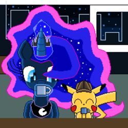 Size: 3942x3942 | Tagged: safe, artist:superhypersonic2000, princess luna, alicorn, pikachu, pony, g4, coffee, detective pikachu, ethereal mane, glowing horn, high res, horn, magic, pixel art, pokémon, starry mane, telekinesis