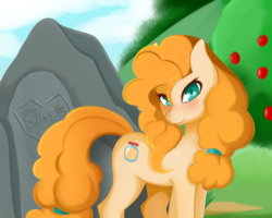 Size: 5000x4000 | Tagged: safe, artist:caoscore, pear butter, earth pony, pony, g4, the perfect pear, apple tree, blushing, cute, female, grass, looking at you, mare, solo, tree