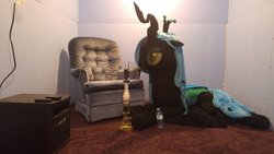 Size: 1200x675 | Tagged: safe, queen chrysalis, pony, g4, bong, couch, irl, life size, photo, plushie, solo