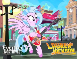 Size: 2048x1585 | Tagged: safe, artist:pixelkitties, coco pommel, silverstream, spike, classical hippogriff, dragon, hippogriff, pony, g4, 50s, back to the future, delorean, electric guitar, everfree northwest, everfree northwest 2019, female, guitar, lauren jackson, male, mare, musical instrument, parody, pixelkitties' brilliant autograph media artwork