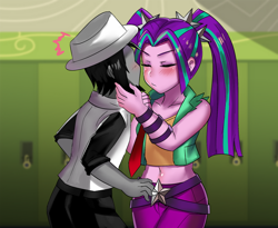 Size: 800x655 | Tagged: safe, artist:tzc, aria blaze, oc, oc:blackbird, equestria girls, g4, belly button, blushing, canon x oc, canterlot high, clothes, commission, fedora, female, hallway, hat, imminent kissing, lockers, male, midriff, necktie, pants, straight