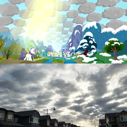 Size: 1920x1920 | Tagged: safe, screencap, rarity, pony, unicorn, g4, magical mystery cure, calgary, cloud, comparison, female, mare, ponyville