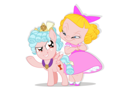 Size: 1936x1400 | Tagged: safe, artist:squipycheetah, cozy glow, human, pegasus, pony, g4, school raze, adorabolical, bow, cats don't dance, clothes, cozybetes, crossover, crown, cute, darla dimple, dress, duo, evil, evil smile, eye contact, female, filly, freckles, grin, hair bow, happy, jewelry, looking at each other, looking back, raised hoof, regalia, simple background, slasher smile, smiling, spread wings, transparent background, watermark, wings