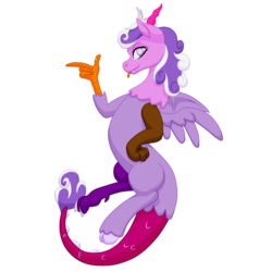 Size: 2500x2500 | Tagged: safe, artist:glacierfrostclaw, screwball, draconequus, g4, draconequified, female, finger snap, floating, forked tongue, hand on hip, high res, looking at you, mismatched horns, mismatched wings, simple background, solo, species swap, swirly eyes, tongue out, transparent background, wings, xk-class end-of-the-world scenario