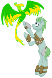 Size: 1333x2000 | Tagged: safe, artist:glacierfrostclaw, oc, oc only, oc:blaze, oc:dodo, balefire phoenix, earth pony, phoenix, pony, fallout equestria, armor, fanfic, fanfic art, female, flying, hooves, mare, open mouth, raider, simple background, solo, standing up, transparent background