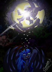 Size: 2550x3509 | Tagged: safe, artist:omega-scarlett, princess luna, pony, g4, crying, destruction, high res, moon, reaching, sad, tears of pain