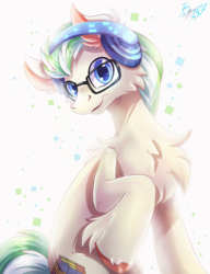 Size: 2300x3000 | Tagged: safe, artist:alexbluebird, oc, oc only, oc:enigma, earth pony, pony, chest fluff, glasses, headphones, high res, hoof fluff, looking at you, male, smiling, solo, stallion