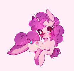Size: 482x464 | Tagged: safe, artist:t-0-rtured, sugar belle, pony, unicorn, g4, blushing, cute, female, mare, pink background, prone, simple background, smiling, solo, sugarbetes, white background