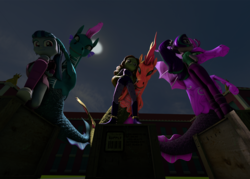 Size: 2100x1500 | Tagged: safe, artist:empireoftime, artist:sindroom, adagio dazzle, aria blaze, sonata dusk, siren, g4, 3d, crate, full moon, human sirendox, looking at you, looking down, looking down at you, low angle, moon, night, source filmmaker, the dazzlings, true form