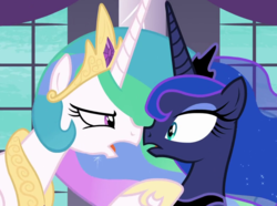 Size: 780x580 | Tagged: safe, screencap, princess celestia, princess luna, alicorn, pony, a royal problem, g4, my little pony: friendship is magic, boop, cropped, female, mare, noseboop, open mouth, sisters