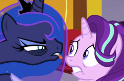 Size: 851x557 | Tagged: safe, screencap, princess luna, starlight glimmer, alicorn, pony, unicorn, a royal problem, g4, bags under eyes, biting, cropped, female, lip bite, mare, tongue bite, tongue out