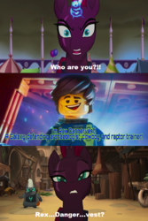 Size: 682x1024 | Tagged: safe, artist:negaboss2000, edit, edited screencap, screencap, grubber, tempest shadow, pony, g4, my little pony: the movie, caption, crossover, image macro, lego, rex dangervest, spoilers for another series, text, the lego movie, the lego movie 2: the second part