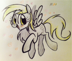 Size: 938x795 | Tagged: safe, artist:kluzart, derpy hooves, pegasus, pony, g4, colored pencil drawing, cute, derpabetes, female, flying, heart, looking at you, mare, open mouth, simple background, smiling, solo, traditional art, white background