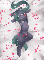 Size: 2321x3141 | Tagged: safe, artist:yajima, queen chrysalis, changeling, changeling queen, semi-anthro, g4, armpits, blushing, cute, cutealis, female, high res, looking at you, lying on bed, mare, petals, snaggletooth, solo