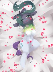 Size: 2321x3141 | Tagged: safe, artist:yajima, queen chrysalis, rarity, changeling, changeling queen, pony, semi-anthro, g4, armpits, belly, belly button, blushing, cute, cutealis, disguise, disguised changeling, female, high res, looking at you, lying on bed, mare, petals, shapeshifting, smiling, snaggletooth, solo, transformation