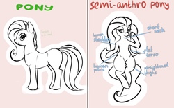 Size: 2160x1350 | Tagged: safe, artist:mercurial64, earth pony, pony, semi-anthro, anatomy, arm hooves, bedroom eyes, female, human shoulders, humanoid torso, know the difference, lidded eyes, looking at you, mare, monochrome, on back, partial color, pink background, profile, simple background, smiling, standing, text, wingless