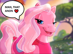 Size: 640x473 | Tagged: safe, edit, edited screencap, screencap, pinkie pie (g3), pony, g3, bedroom eyes, commercial, dialogue, female, heart, implied anon, lidded eyes, mare, open mouth, rainbow, speech bubble, tree