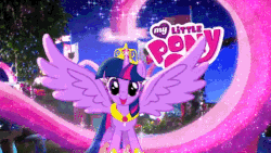 Size: 627x354 | Tagged: safe, twilight sparkle, alicorn, pony, g4, magical mystery cure, season 3, 2013, apotheosis, big crown thingy, commercial, crystal princess celebration, cute, element of magic, female, flapping, gif, happy, i love when you comb my hair, jewelry, let's fly to the castle, logo, mare, my little pony logo, my wings are so pretty, non-animated gif, open mouth, regalia, smiling, solo, sparkles, spread wings, stars, transformation, twiabetes, twilight sparkle (alicorn), wings