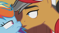 Size: 1920x1080 | Tagged: safe, screencap, quibble pants, rainbow dash, earth pony, pegasus, pony, common ground, g4, boop, imminent kissing, looking at each other, noseboop, out of context, sweat