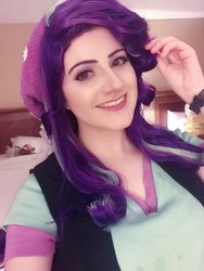 Size: 1538x2048 | Tagged: safe, artist:sarahndipity cosplay, starlight glimmer, human, g4, beanie, clothes, cosplay, costume, hat, irl, irl human, photo, smiling, solo