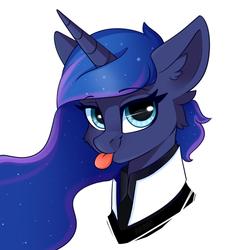 Size: 1535x1535 | Tagged: safe, artist:php97, princess luna, alicorn, pony, :p, bust, cheek fluff, clothes, connor, cosplay, costume, crossover, detroit: become human, ear fluff, ethereal mane, female, fluffy, horn, looking at you, mare, rk900, simple background, smiling, solo, tongue out, white background