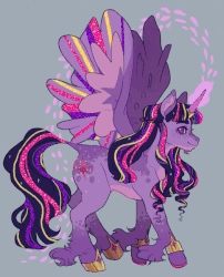 Size: 526x650 | Tagged: safe, artist:forestfolke, twilight sparkle, alicorn, classical unicorn, pony, unicorn, g4, alternate hairstyle, animated, beard, braid, cloven hooves, coat markings, colored wings, dappled, dither strobe, dock, facial hair, female, glitter, glowing horn, gray background, horn, horn ring, jewelry, leonine tail, looking at you, looking sideways, mare, rainbow power, regalia, simple background, smiling, solo, sparkles, sparkly hooves, spread wings, twilight sparkle (alicorn), unshorn fetlocks, wings