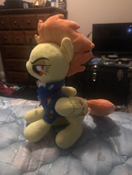 Size: 4032x3024 | Tagged: safe, artist:undeadponysoldier, photographer:undeadponysoldier, spitfire, pegasus, pony, g4, bed, drawer, female, irl, mare, photo, plushie, solo, television