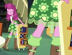 Size: 1187x913 | Tagged: safe, screencap, cheerilee, snails, equestria girls, g4, my little pony equestria girls, book, bookshelf, cropped, out of context, phone, prevent-it
