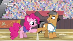 Size: 1280x720 | Tagged: safe, screencap, pinkie pie, quibble pants, earth pony, pony, common ground, g4, clothes, crowd, duo, female, hoof hold, male, mare, shirt, stallion