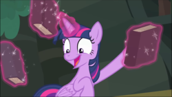 Size: 1369x771 | Tagged: safe, screencap, twilight sparkle, alicorn, pony, equestria girls, equestria girls specials, g4, my little pony equestria girls: better together, my little pony equestria girls: forgotten friendship, book, cropped, excited, female, glowing horn, horn, levitation, magic, open mouth, solo, telekinesis, twilight sparkle (alicorn), wide eyes