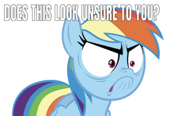 Size: 664x440 | Tagged: safe, editor:undeadponysoldier, rainbow dash, pegasus, pony, g4, angry, caption, do i look angry, does this look unsure to you?, female, grumpy, grumpy dash, image macro, just one bite, looking at you, mare, meme, solo, spongebob squarepants, talking to viewer, text