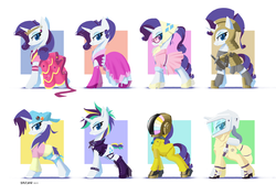 Size: 2000x1414 | Tagged: safe, artist:satv12, rarity, pony, unicorn, bats!, equestria girls, friendship university, g4, it isn't the mane thing about you, my little pony equestria girls: rainbow rocks, sleepless in ponyville, sparkle's seven, the best night ever, too many pinkie pies, alternate hairstyle, armor, armorarity, backwards ballcap, baseball cap, cap, clothes, daft rarity, disguise, dress, female, gala dress, glasses, hat, hazmat suit, looking at you, mare, multeity, outfit catalog, plainity, profile, punk, raripunk, royal guard armor, royal guard rarity, solo
