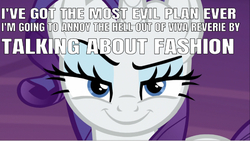 Size: 668x377 | Tagged: safe, edit, edited screencap, editor:undeadponysoldier, screencap, rarity, pony, unicorn, g4, made in manehattan, >:), caption, drama, evil smirk, female, funny, funny as hell, image macro, looking at you, makeup, mare, obsession, plotting, smiling, smirk, solo, text, that pony sure does love fashion, viva reverie