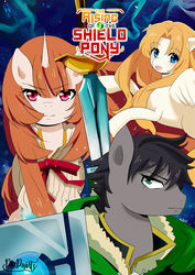 Size: 600x849 | Tagged: safe, artist:piripaints, earth pony, pegasus, pony, unicorn, anime, anime style, blonde, cape, clothes, colt, cover, crossover, dressing, fantasy, fantasy class, female, filly, filo, frontal, group, hero, logo, looking at you, male, mare, naofumi iwatani, on side, ponified, raphtalia, ribbon, shield, simple background, sword, the rising of the shield hero, weapon