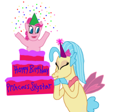 Size: 1300x1195 | Tagged: safe, artist:bigpurplemuppet99, pinkie pie, princess skystar, seapony (g4), g4, cake, female, food, lesbian, ship:skypie, shipping