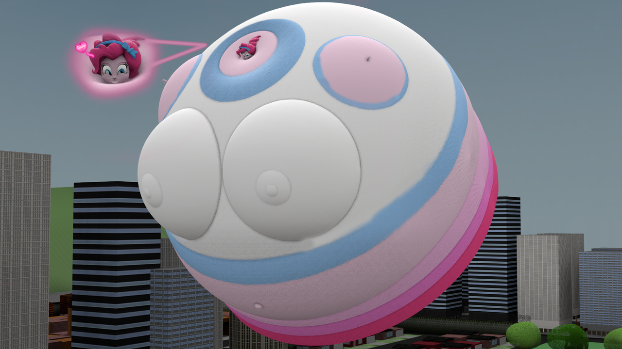 blimp, body inflation, breasts, city, digital art, excited, female, floatin...