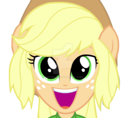 Size: 918x871 | Tagged: safe, applejack, equestria girls, g4, cowboy hat, cute, face, female, hat, jackabetes, obtrusive watermark, open mouth, ponied up, simple background, smiling, solo, switch, watermark