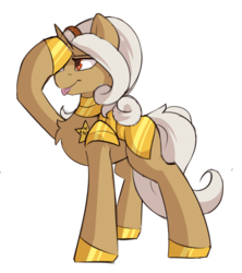 Size: 1611x1816 | Tagged: safe, artist:beardie, oc, oc only, oc:rewind, pony, unicorn, :p, cute, guard, hoof shoes, patreon, raised hoof, salute, silly, simple background, tongue out, transparent background