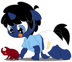 Size: 7000x6000 | Tagged: safe, artist:evilfrenzy, oc, oc only, oc:frenzy, beetle, insect, unicorn, anthro, unguligrade anthro, age regression, baby, diaper, foal, solo, tongue out
